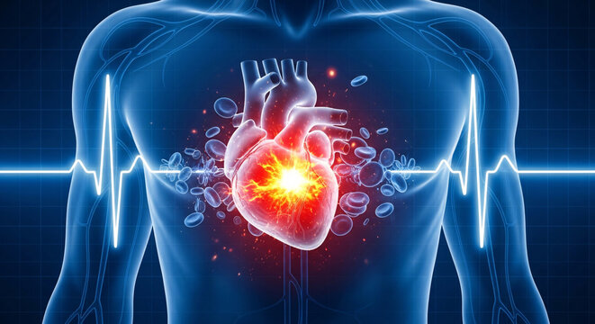 Human torso with glowing heart and circulating blood cells, featuring an ECG waveform showing cardiology