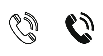 Fototapeta premium Minimalist black phone handset icons with ringing signal waves in outline and solid styles for customer support and communication design