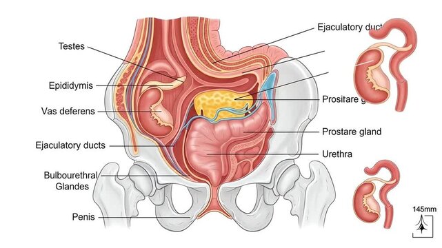 Anatomical illustration of the male reproductive and urinary systems, showing internal structures like the prostate, testes, and urethra.