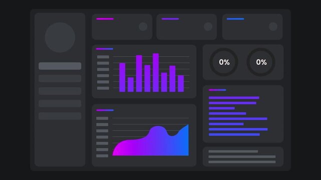 Dark Mode Animated Data Dashboard Featuring Vibrant Purple Infographics and Statistics