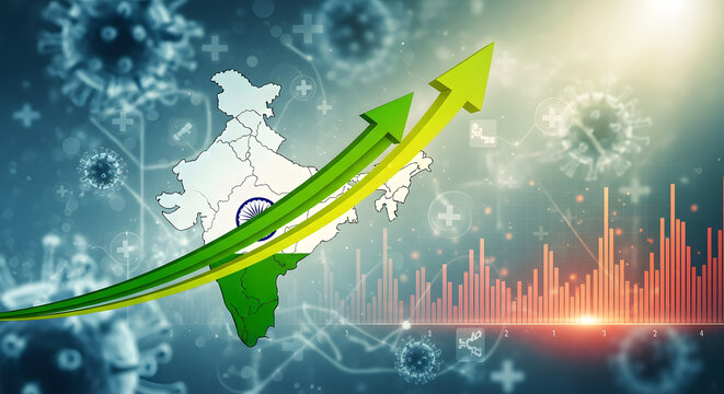 India map overlayed with an economic growth bar chart and upward arrows on a viral medical background