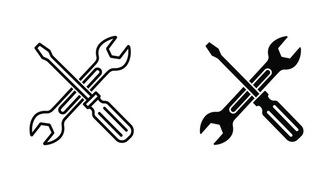 Minimalist crossed wrench and screwdriver icons in line and solid styles for automotive repair, home maintenance services, and DIY construction branding.