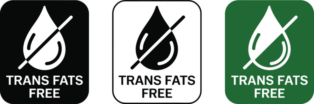 Trans fats free food label icons showing drop symbol with slash through it in different colors