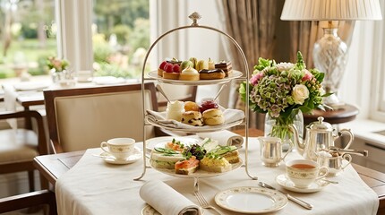 Fototapeta premium Sophisticated tea party setup with pastries and delicate cakes
