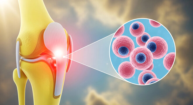 Knee joint pain with magnified cellular view illustrating microscopic repair process in bright light
