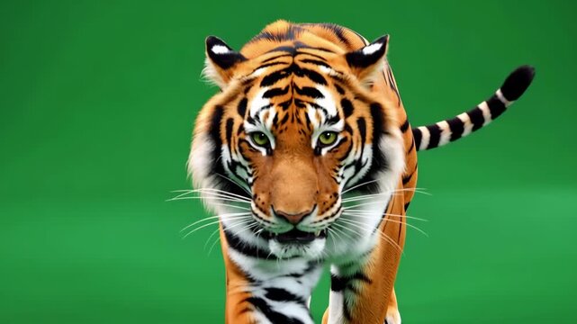 Fierce tiger prowling steadily on vibrant green background in stunning 4K wildlife footage