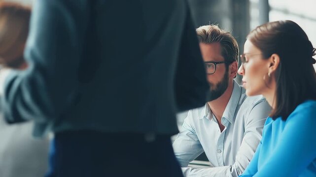 Business professionals engaged in a strategic meeting discussing ideas and projects in a modern workspace during daylight hours