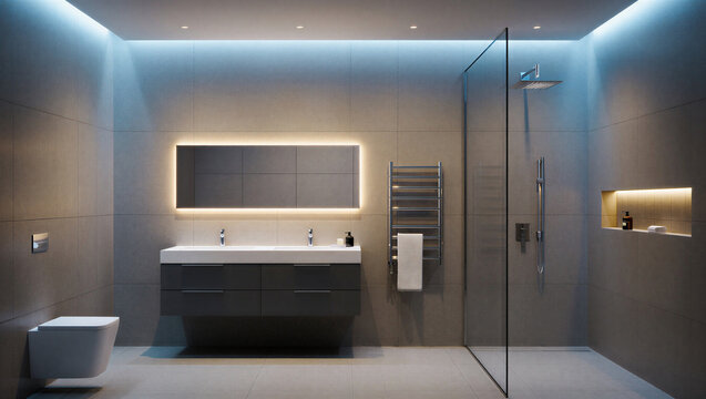 Minimalist luxury bathroom interior with led illuminated mirror and walk in shower, bathroom design