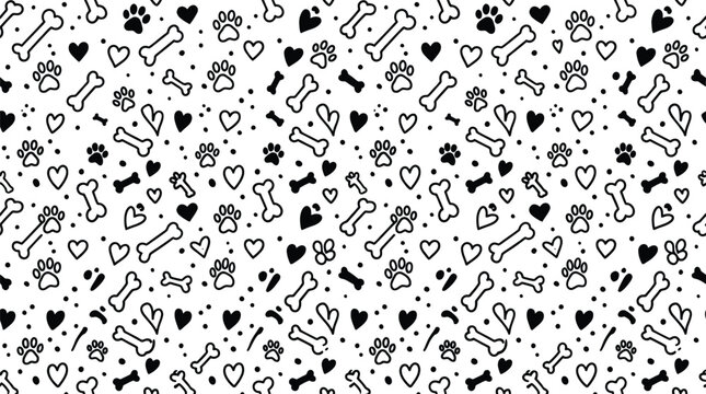 Black and white seamless pattern with dog bones hearts and paw prints on white background