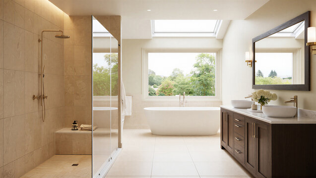 Contemporary bathroom with double vanity and glass shower enclosure bathroom interior renovation
