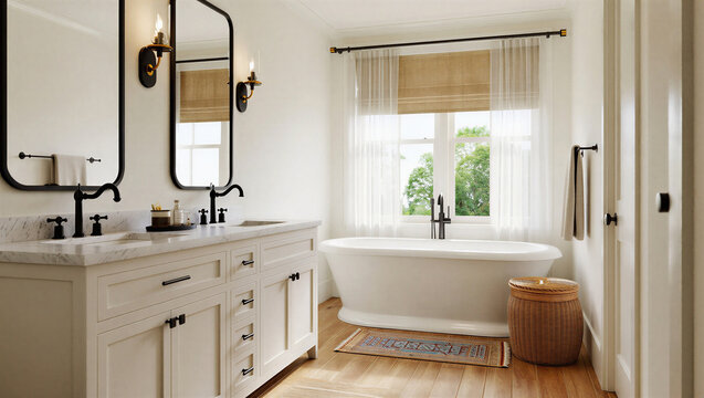 Minimalist white bathroom with freestanding tub and marble vanity countertop bathroom interior