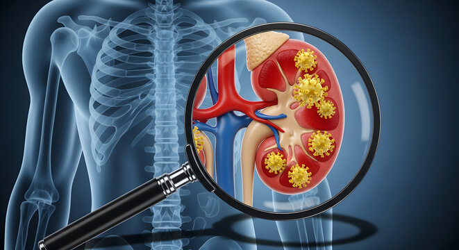 Magnifying glass revealing a human kidney infected by virus particles within a translucent body outline