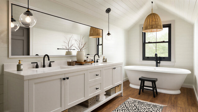 Bright bathroom featuring a freestanding tub and double vanity pendant light wicker pendant