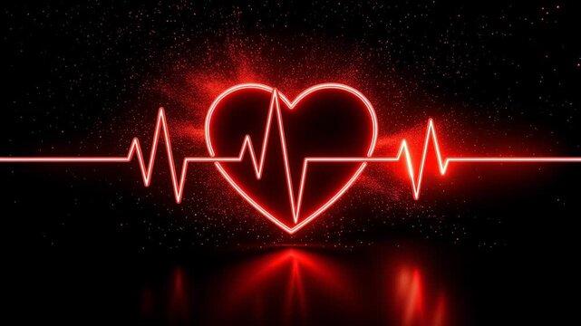 Glowing red heartbeat pulse rhythm animation on dark background in smooth 4K motion graphics