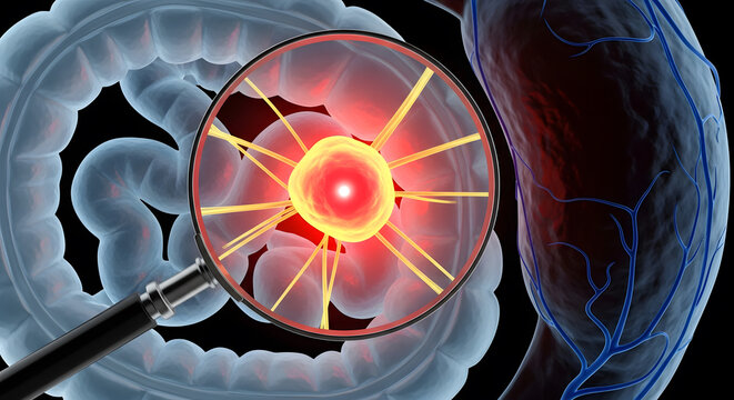 Magnifying glass revealing inflamed intestinal wall or infection within the human digestive system