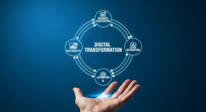 A hand holding a digital transformation concept with a blue background