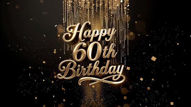 Luxurious golden Happy 60th Birthday text with sparkling confetti and glittering effects in 4K celebration video