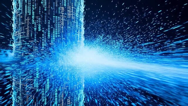 Digital scene with binary code columns and water flow in blue black tone