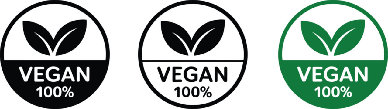 Vegan 100 percent labels set with leaves for natural food packaging and vegetarian product marketing