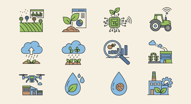 Smart Farming Technology Icons: Agriculture, Innovation, Precision Farming, IoT