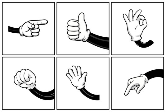 Cartoon hand gesture collection in vintage animation style. Comic gloved hands showing pointing, thumbs up, ok sign, fist, waving and gesture symbols for mascot and cartoon illustration design