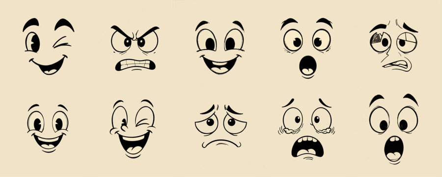 Cartoon facial expressions collection with different emotions. Hand drawn comic faces showing happy, angry, surprised, sad and funny character emotions for animation and illustration design