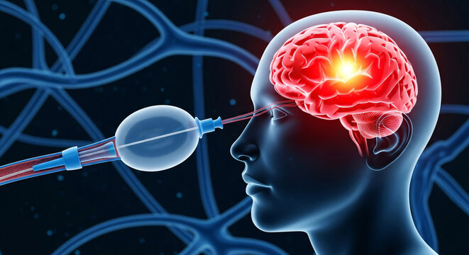 Medical concept of human brain stimulation using an advanced therapeutic device in profile view