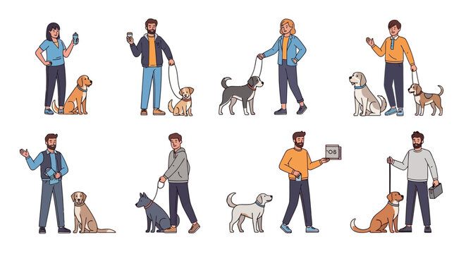 People walking dogs, diverse breeds and owners, pixel art style