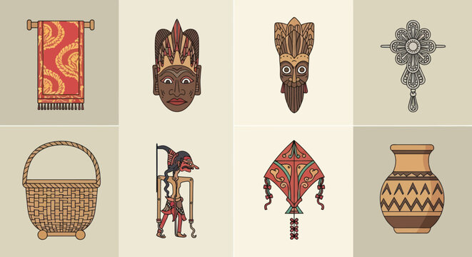 Traditional African Art and Craft Icons: Mask, Basket, Kite, Vase, Towel, Cross