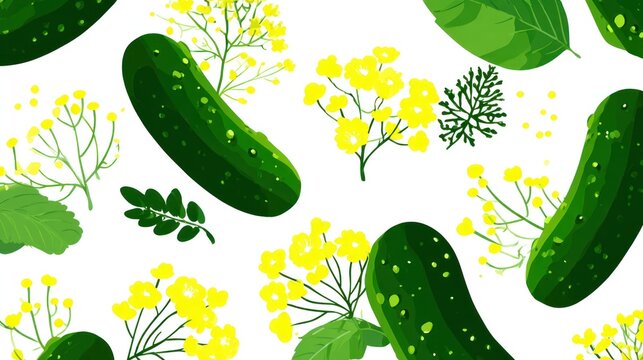 Fresh green gherkins and bright yellow blossoms form a repeating harvest pattern on a white background