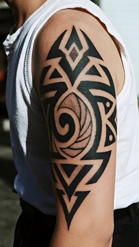 A bold and symmetrical black tribal tattoo featuring geometric patterns and a central spiral motif, professionally inked on a man's upper arm.