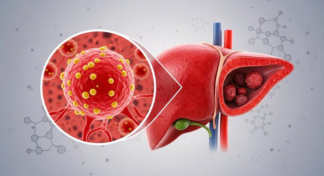 Medical illustration of a human liver with internal tumors, featuring a magnified view of a virus particle, highlighting disease