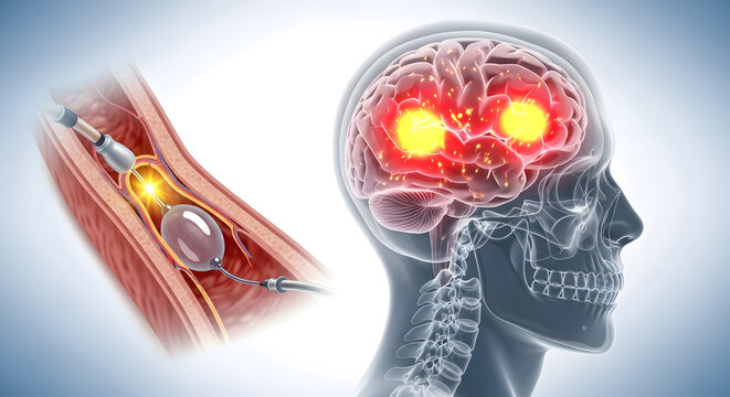 Medical illustration of human brain activity alongside a vascular catheter procedure for intervention