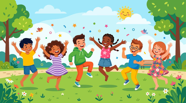 Children celebrate Lag BaOmer with joyful dance in a sunny park