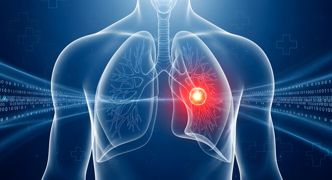 Medical illustration of the human respiratory system highlighting a glowing abnormality within a lung