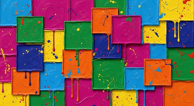 A colorful, mosaic-like arrangement of vibrant square tiles with paint drips and splatters