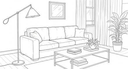 Fototapeta premium Elegant Living Room Interior Sketch with Sofa and Lamp.