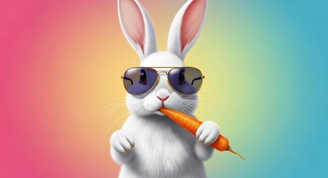 A cool white rabbit with sunglasses chomps on a carrot against a vibrant, blended background