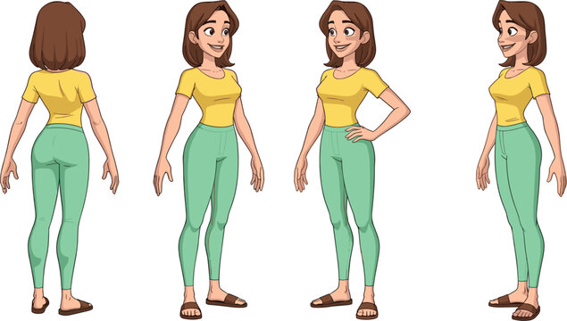 Female character design sheet featuring a young woman in casual yellow t-shirt and green leggings from front side and back views for animation and game development.
