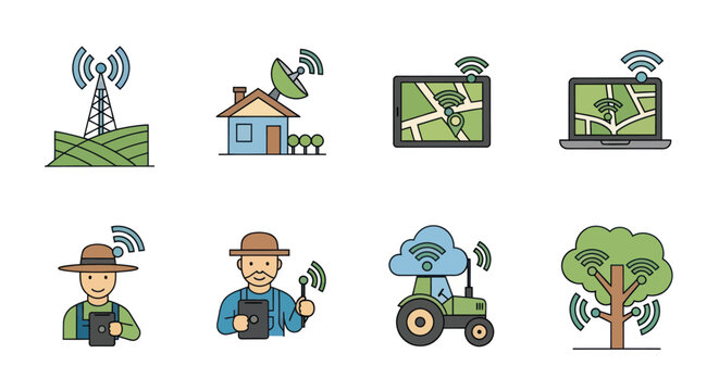 Smart Farming Technology Icons: Precision Agriculture, IoT, Connectivity