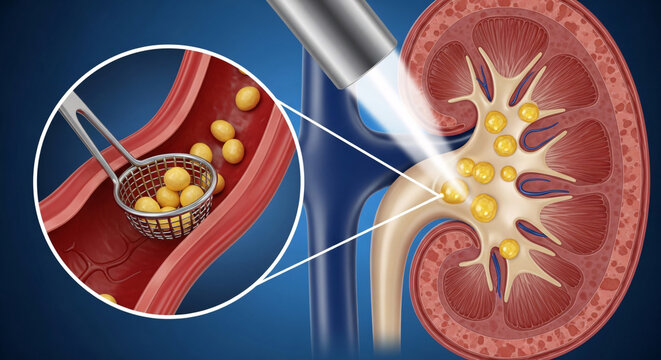 Medical procedure illustrating kidney stone removal from a renal artery with a magnified view
