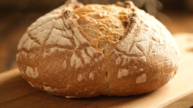 A delicious loaf of bread sits on a wooden cutting board in a warm and inviting kitchen setting.