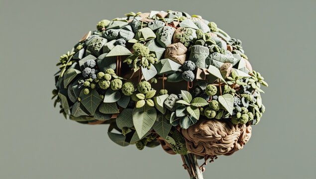 Intricate 3D render of human brain covered in lush green plants symbolizing natural thought and environmental consciousness