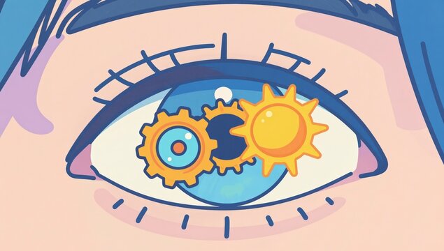 Stylized anime character eye featuring intricate gears within the iris symbolizing thought process mechanical insight and complex problem solving