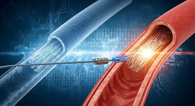 Medical procedure showing a catheter inside a human artery or vein for treatment