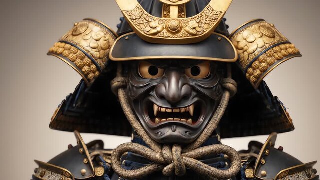 Detailed close-up of a traditional Japanese samurai armor with a fierce demonic face mask and golden accents.