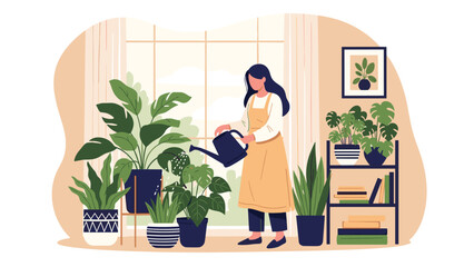 Fototapeta premium Peaceful woman caring for a large collection of indoor plants in her home near a window, creating a serene and green living space.