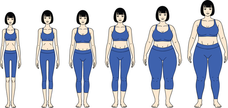 Body positivity vector illustration set featuring diverse women body types from slim to plus size in blue sportswear for fitness health and inclusive marketing.
