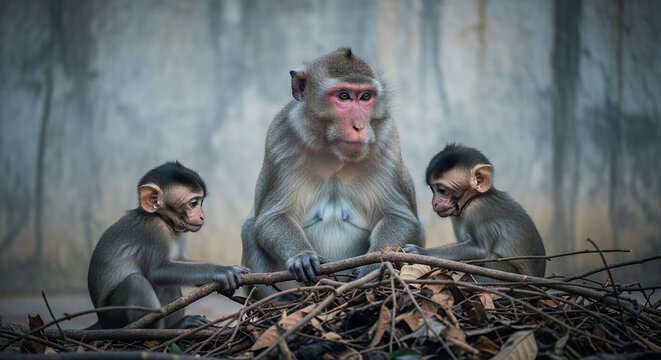 Monkey family sitting together, playing with sticks, natural habitat