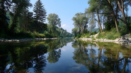 Obraz premium Serene river landscape with trees reflected.